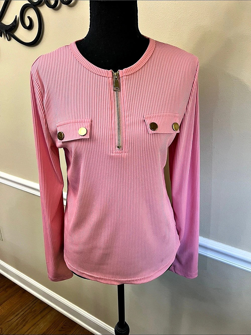 SHEIN Ribbed Half-Zip Top in Pink Large Like New